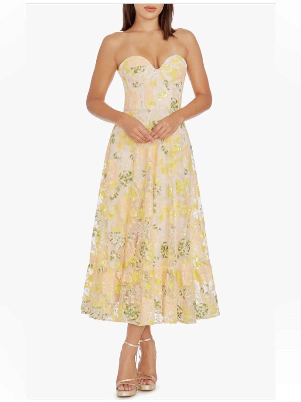 Dress the Population Yellow Pink Floral Strapless Midi Dress SIZE XXL